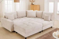 Modernes Ecksofa KENT 220cm champagner beige Chenille Cremona Federkern Wohnlandschaft mit Hocker
