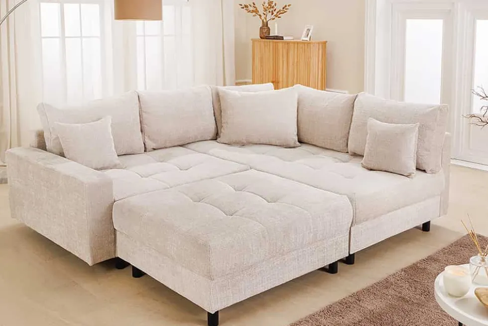 Modernes Ecksofa KENT 220cm champagner beige Chenille Cremona Federkern Wohnlandschaft mit Hocker