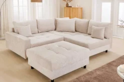 Modernes Ecksofa KENT 220cm champagner beige Chenille Cremona Federkern Wohnlandschaft mit Hocker