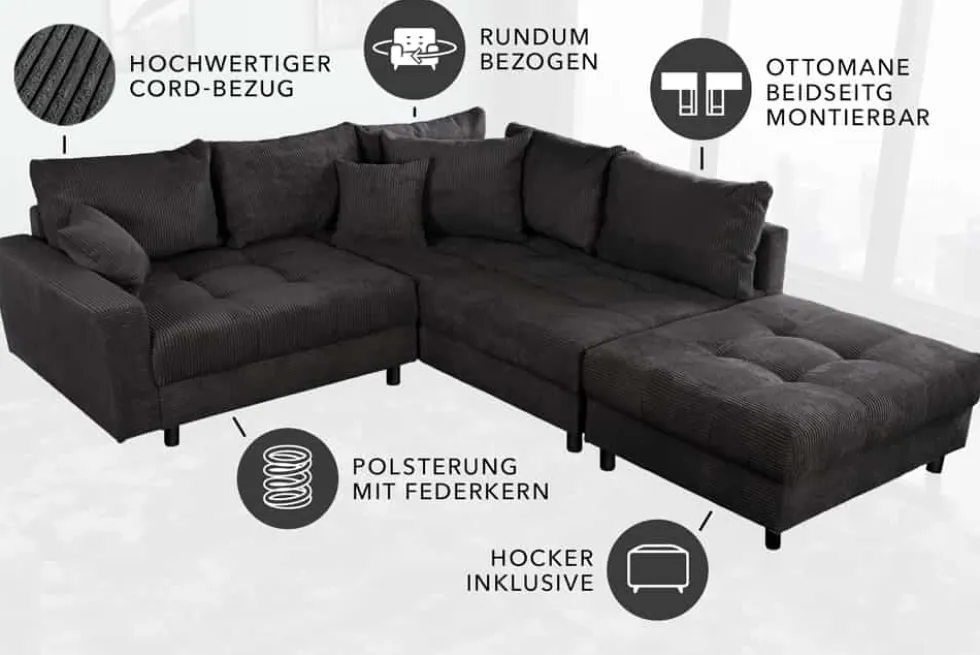 Modernes Ecksofa KENT 220cm dunkelgrau Cord inklusive Hocker Federkern Wohnlandschaft