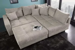 Modernes Ecksofa KENT 220cm greige Cord inkl. Hocker Federkern L-Form Wohnlandschaft