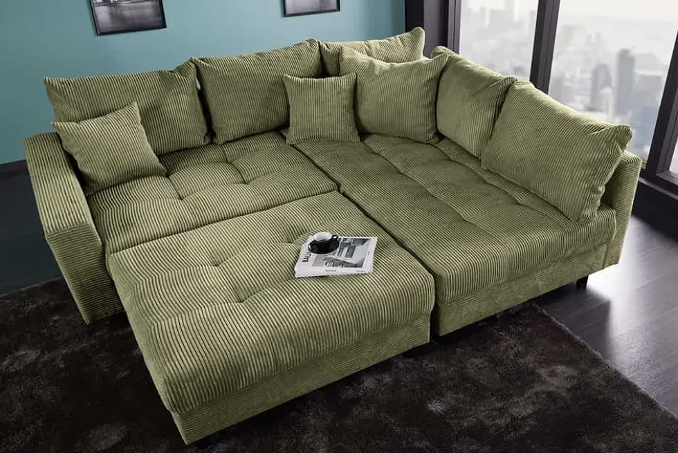 Modernes Ecksofa KENT 220cm grün Cord inkl. Hocker Federkern L-Form Wohnlandschaft