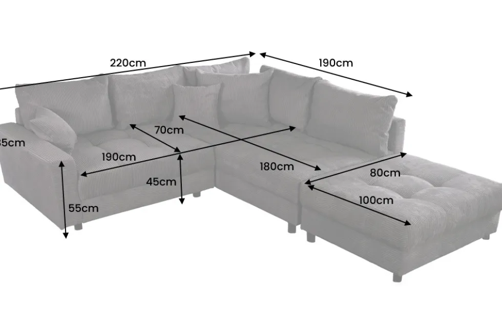 Modernes Ecksofa KENT 220cm grün Cord inkl. Hocker Federkern L-Form Wohnlandschaft