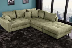 Modernes Ecksofa KENT 220cm grün Cord inkl. Hocker Federkern L-Form Wohnlandschaft