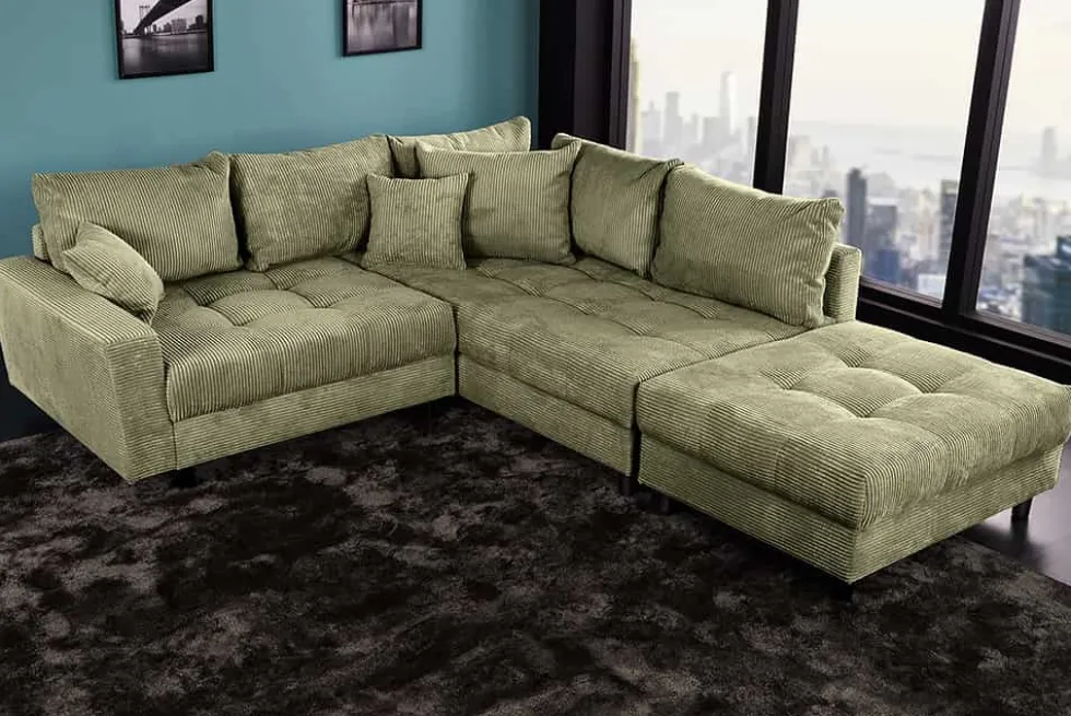 Modernes Ecksofa KENT 220cm grün Cord inkl. Hocker Federkern L-Form Wohnlandschaft