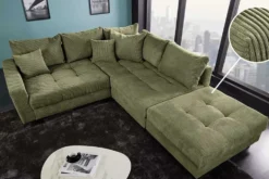 Modernes Ecksofa KENT 220cm grün Cord inkl. Hocker Federkern L-Form Wohnlandschaft