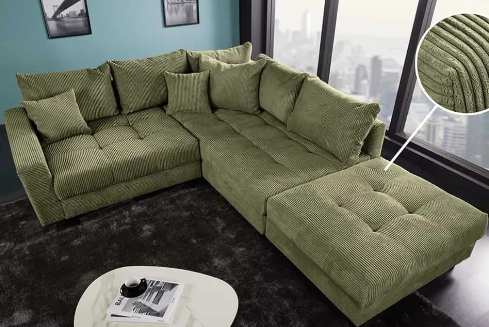 Modernes Ecksofa KENT 220cm grün Cord inkl. Hocker Federkern L-Form Wohnlandschaft