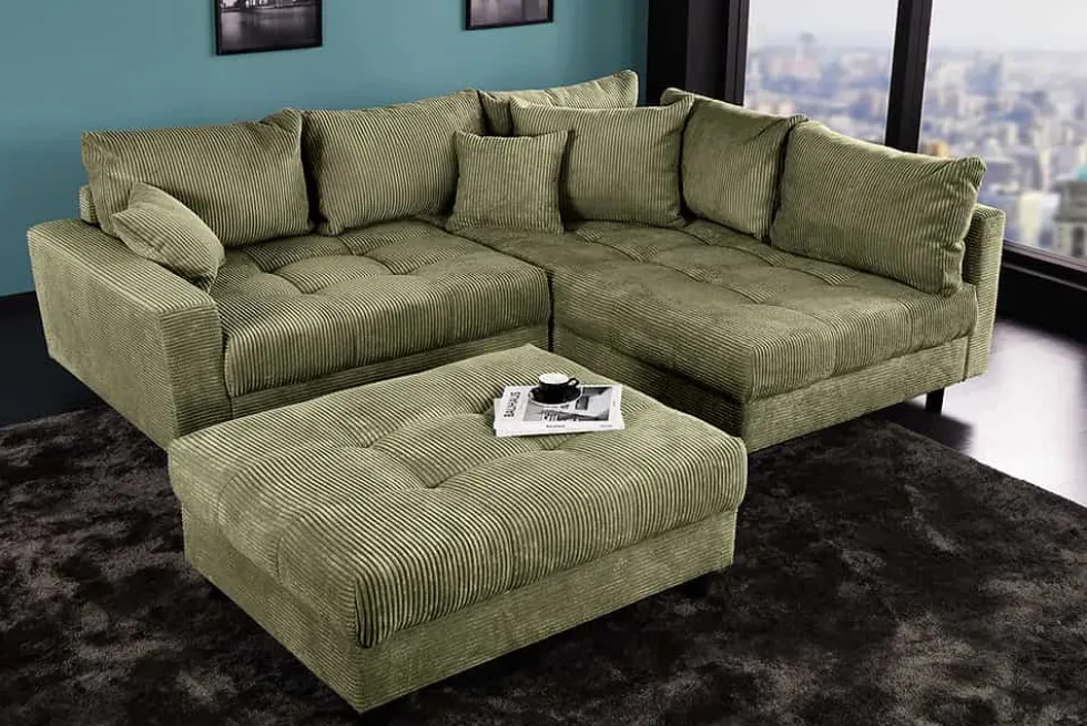 Modernes Ecksofa KENT 220cm grün Cord inkl. Hocker Federkern L-Form Wohnlandschaft