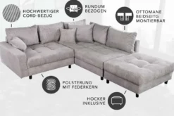 Modernes Ecksofa KENT 220cm hellgrau Cord inkl. Hocker Federkern L-Form Wohnlandschaft