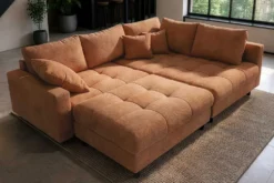 Modernes Ecksofa KENT 220cm rostbraun Chenille inkl. Hocker Federkern Wohnlandschaft