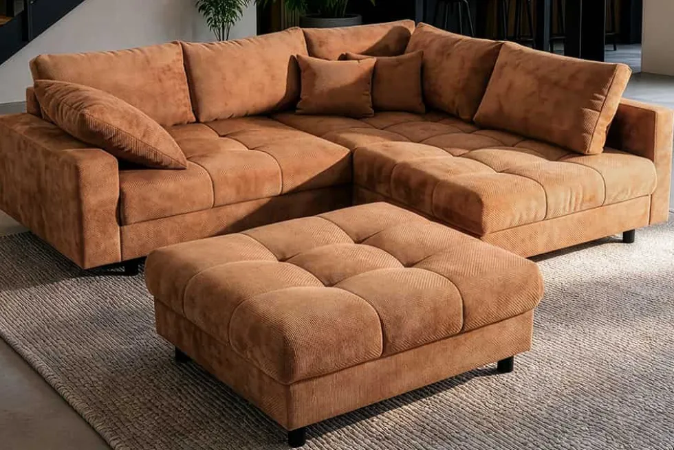 Modernes Ecksofa KENT 220cm rostbraun Chenille inkl. Hocker Federkern Wohnlandschaft