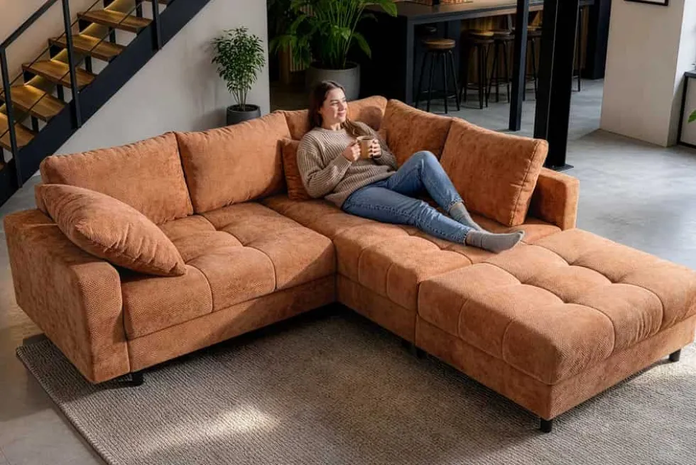 Modernes Ecksofa KENT 220cm rostbraun Chenille inkl. Hocker Federkern Wohnlandschaft