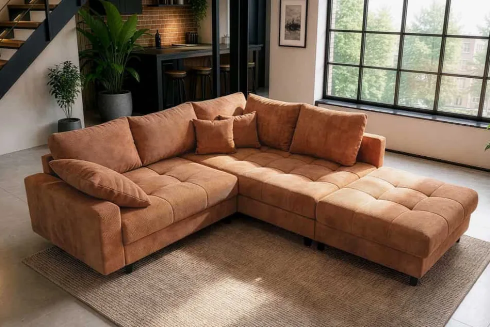 Modernes Ecksofa KENT 220cm rostbraun Chenille inkl. Hocker Federkern Wohnlandschaft