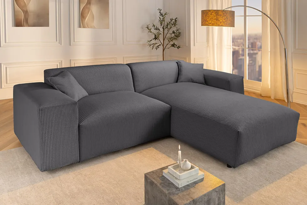 Modernes Ecksofa SIGNATUR 260cm anthrazit Cord beidseitig stellbar inkl. Kissen