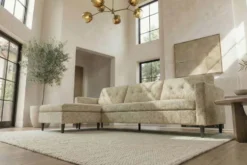Modernes Ecksofa STOCKHOLM 220cm beige cozy Veloursstrickstoff Federkern 3-Sitzer-Sofa