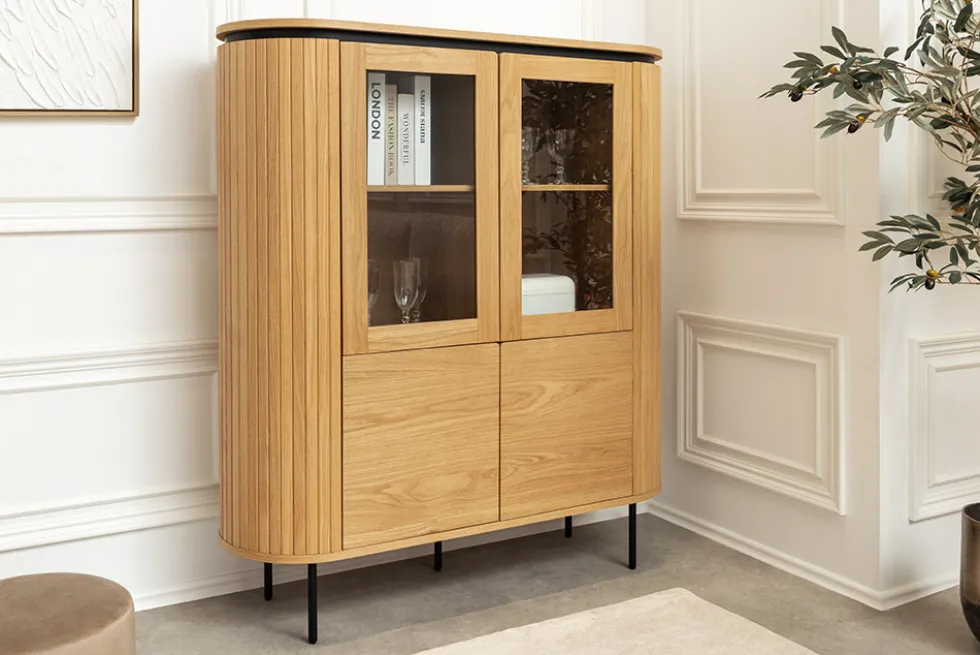 Modernes Highboard ATELIER 140cm natur Eiche schwarz Metall sechs Fächer