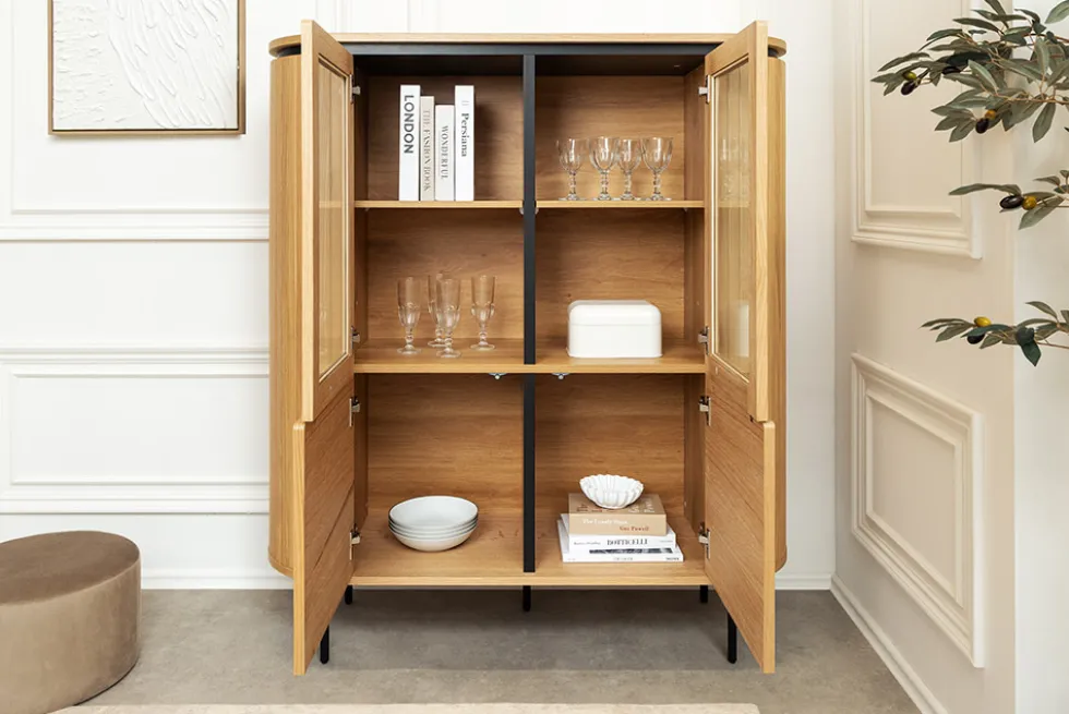 Modernes Highboard ATELIER 140cm natur Eiche schwarz Metall sechs Fächer