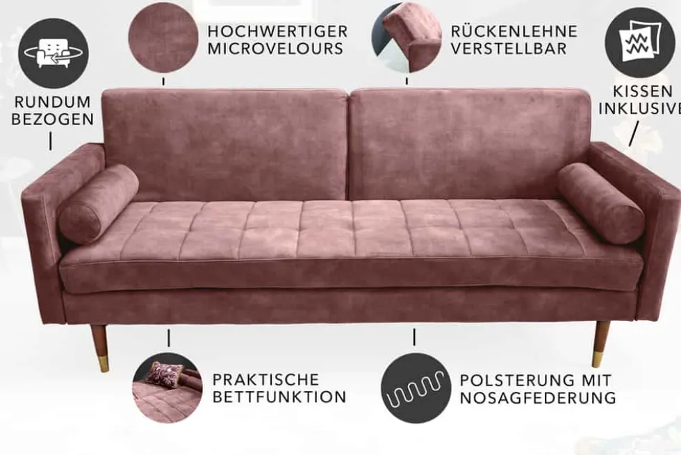 Modernes Schlafsofa COUTURE 200cm altrosa Microvelours 3-Sitzer Couch mit Schlaffunktion