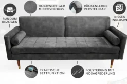 Modernes Schlafsofa COUTURE 200cm grau Microvelours 3-Sitzer Couch mit Schlaffunktion