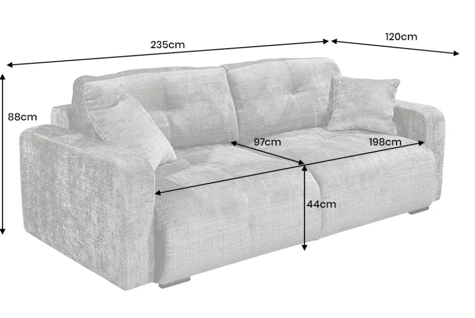 Modernes Schlafsofa DIAMOND 235cm silbergrau Chenille Cremona mit Stauraum 3-Sitzer