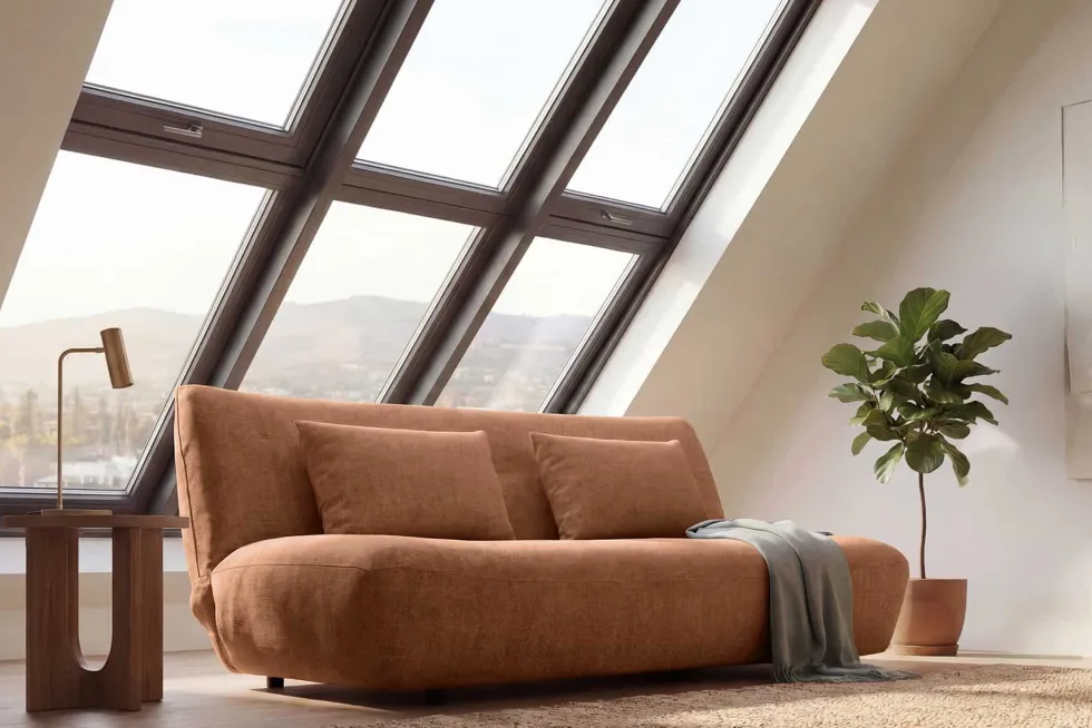 Modernes Schlafsofa ELYPSE 200cm rostbraun Chenillestoff 3-Sitzer Couch inkl. Kissen
