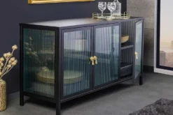 Modernes Sideboard AMSTERDAM 105cm schwarz gold Riffelglas Metall Vitrine Schrank