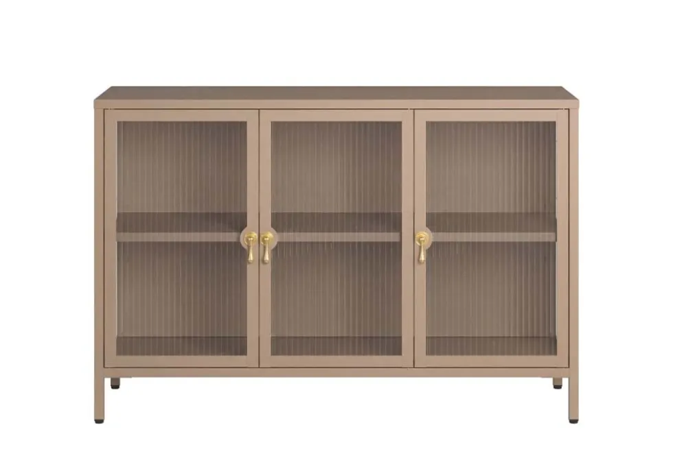 Modernes Sideboard AMSTERDAM 105cm greige gold Riffelglas Metall Vitrine Schrank
