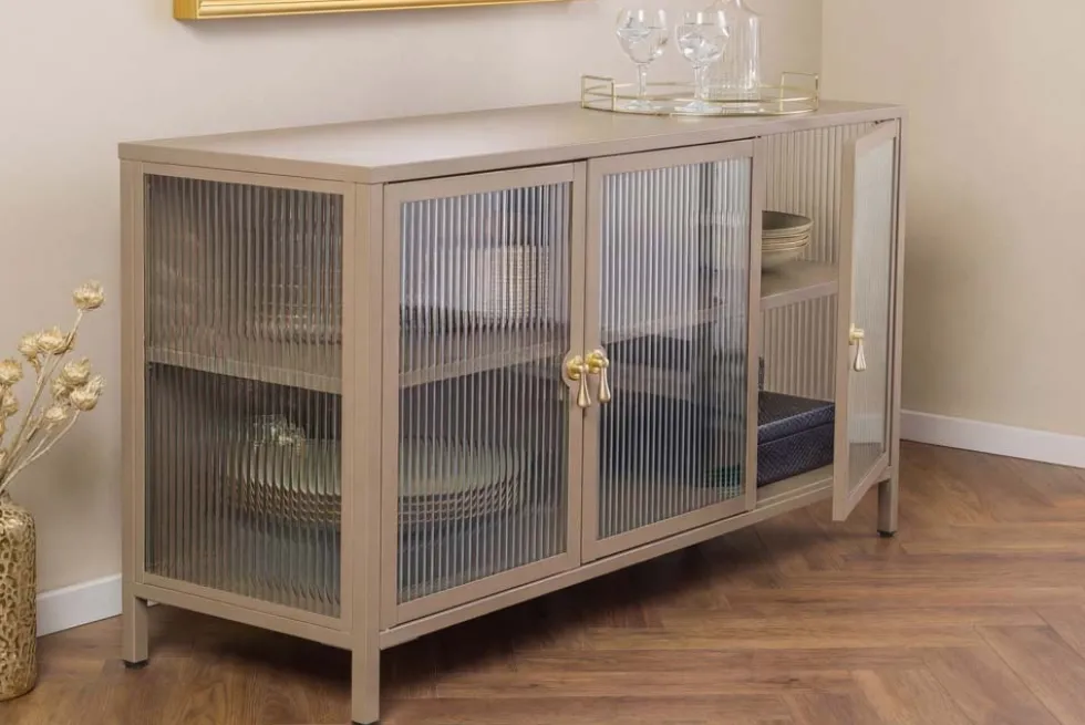 Modernes Sideboard AMSTERDAM 105cm greige gold Riffelglas Metall Vitrine Schrank