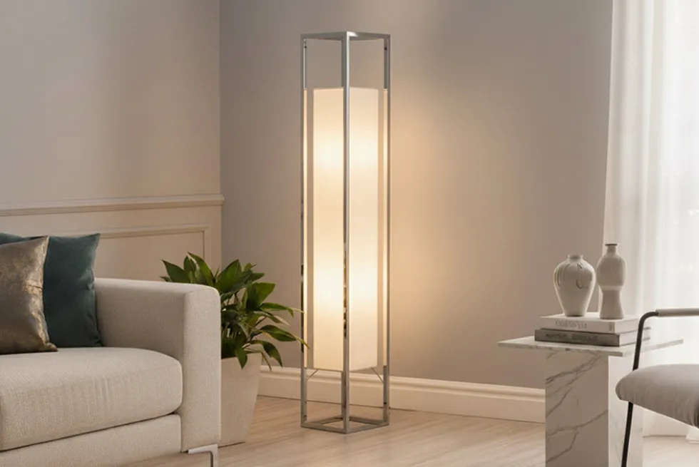 Moderne Stehlampe AGAPUNE 120cm weiß silber mit Papierschirm und Edelstahlgestell