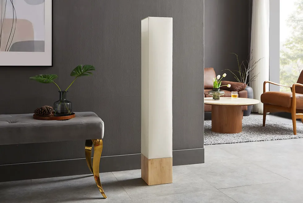 Moderne Stehlampe AGAPUNE 120cm weiß hellbraun Bambusfuß Stoffschirm