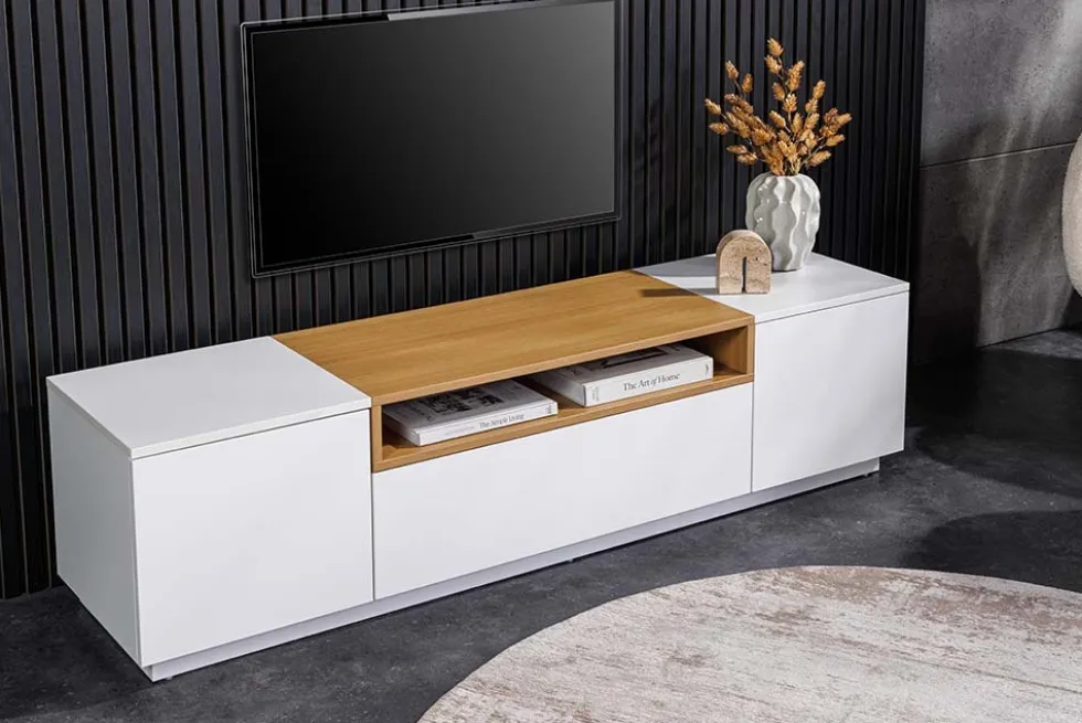 Modernes TV-Board LOFT 160cm weiß natur drei Fächer mit Schublade
