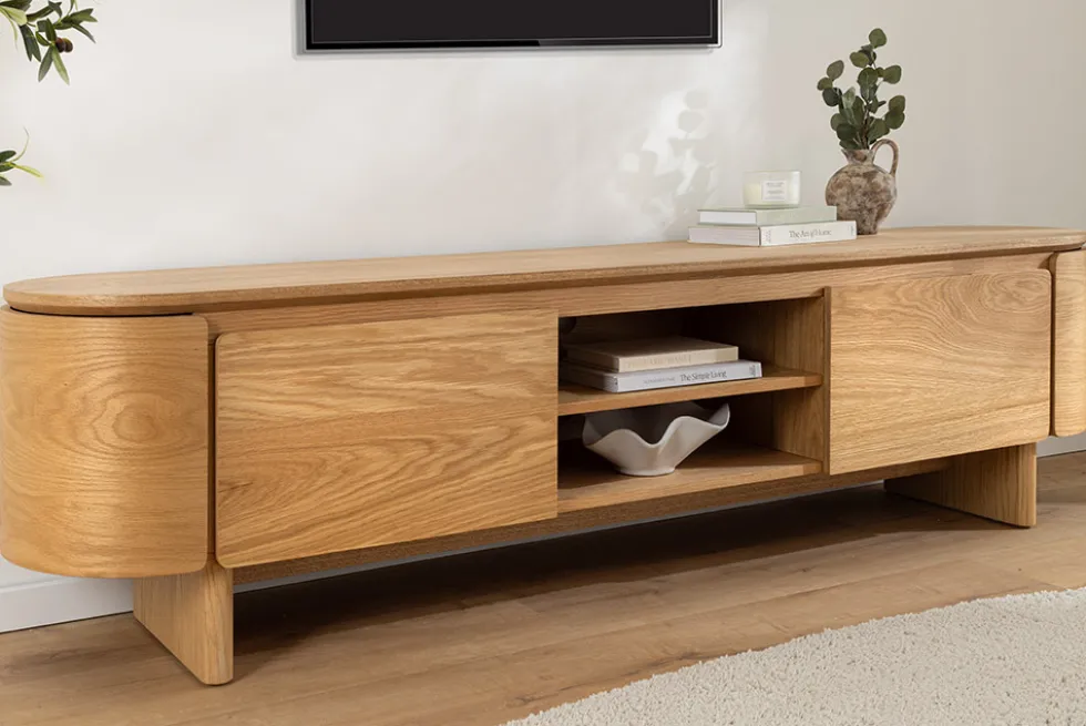 Modernes TV-Board OAK GRAIN 200cm natur Eichenholz zwei Fächer mit Schubladen