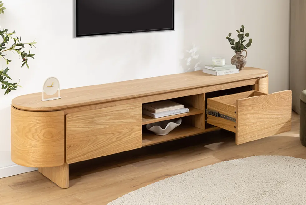 Modernes TV-Board OAK GRAIN 200cm natur Eichenholz zwei Fächer mit Schubladen