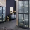 Modernes TV-Lowboard AMSTERDAM 90cm schwarz gold Riffelglas Metall Vitrine Schrank
