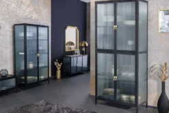 Modernes TV-Lowboard AMSTERDAM 90cm schwarz gold Riffelglas Metall Vitrine Schrank