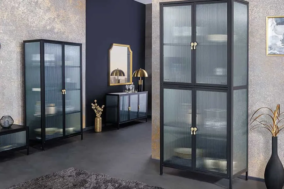 Modernes TV-Lowboard AMSTERDAM 90cm schwarz gold Riffelglas Metall Vitrine Schrank