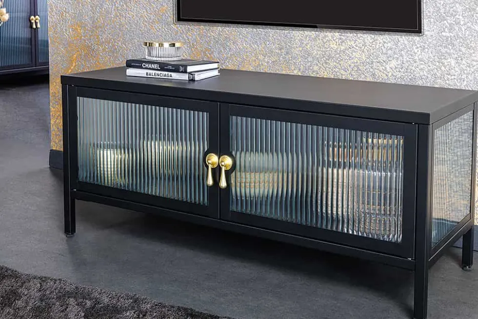 Modernes TV-Lowboard AMSTERDAM 90cm schwarz gold Riffelglas Metall Vitrine Schrank