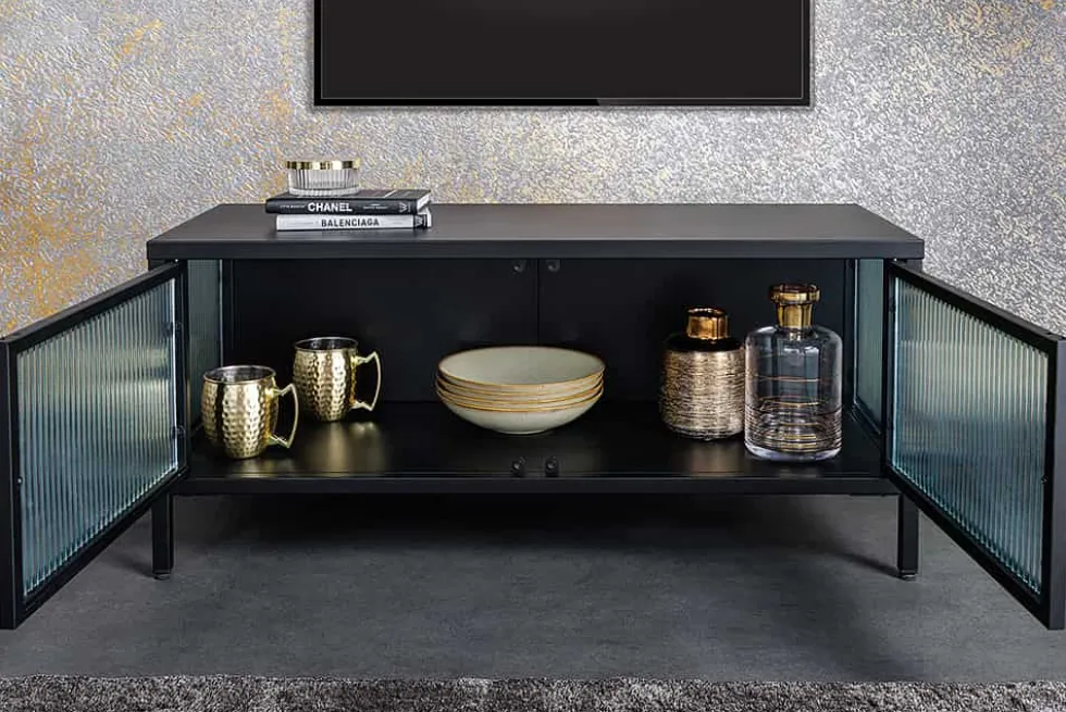 Modernes TV-Lowboard AMSTERDAM 90cm schwarz gold Riffelglas Metall Vitrine Schrank