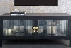 Modernes TV-Lowboard AMSTERDAM 90cm schwarz gold Riffelglas Metall Vitrine Schrank
