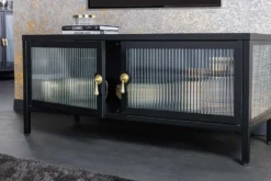 Modernes TV-Lowboard AMSTERDAM 90cm schwarz gold Riffelglas Metall Vitrine Schrank