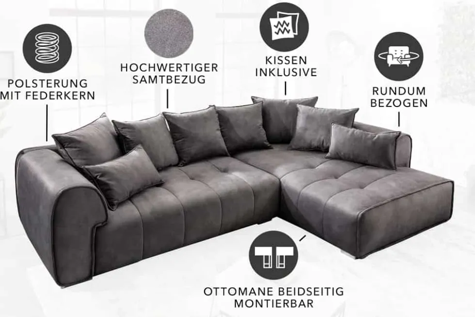 Modernes XXL Ecksofa CLAN 320cm anthrazit Samt Bigsofa inkl. Kissen