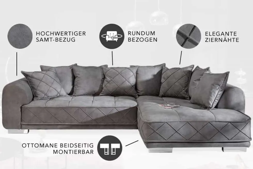 Modernes XXL Ecksofa DECADENCIA 320cm silbergrau Samt Bigsofa inkl. Kissen