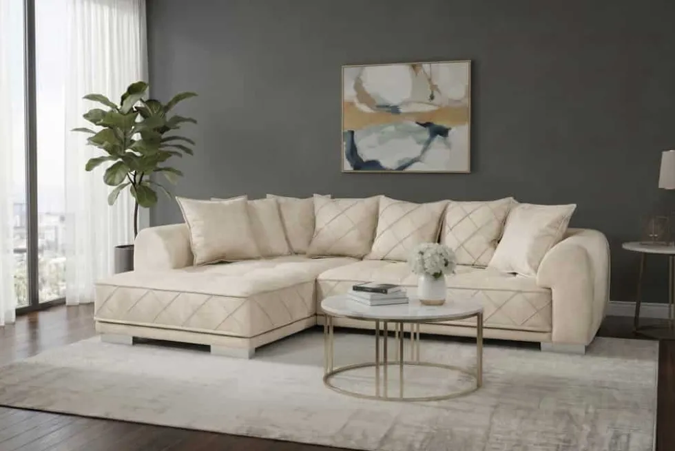Modernes XXL Ecksofa DECADENCIA 320cm beige Samt Bigsofa inkl. Kissen