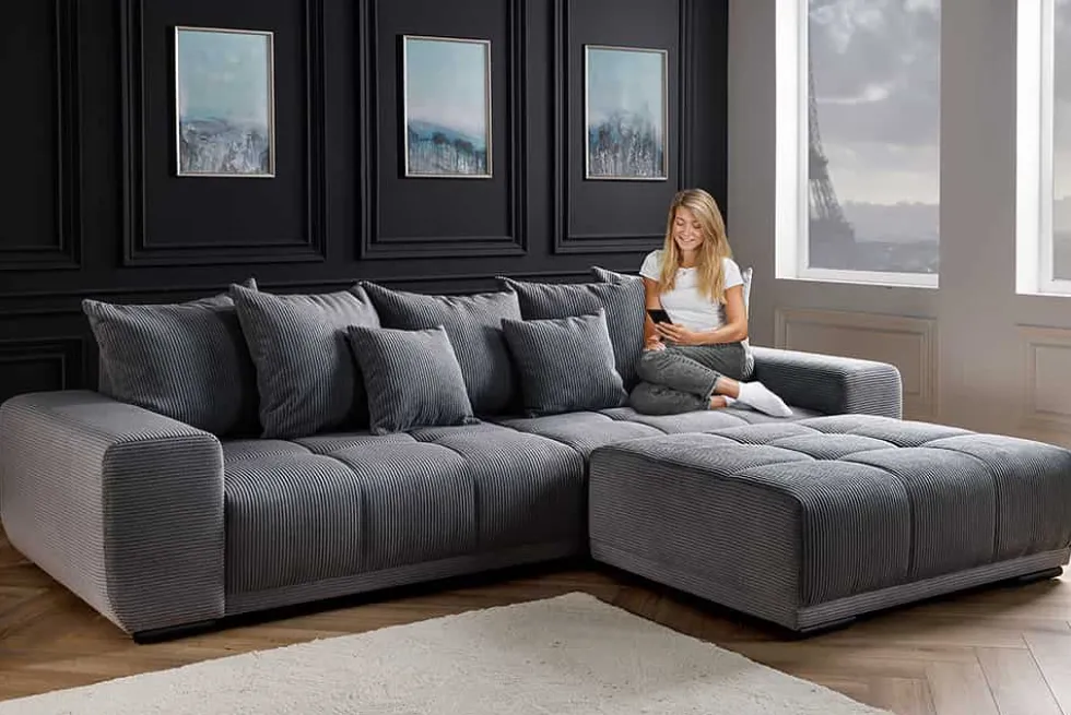 Modernes XXL Sofa ELEGANCIA 285cm anthrazit Cord inklusive Kissen Bigsofa