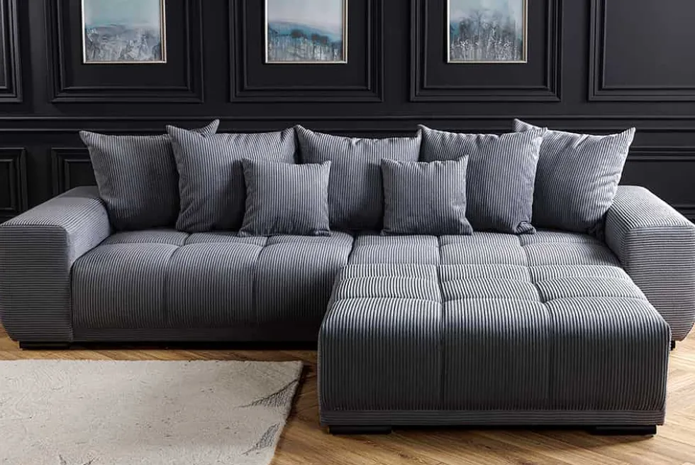 Modernes XXL Sofa ELEGANCIA 285cm anthrazit Cord inklusive Kissen Bigsofa