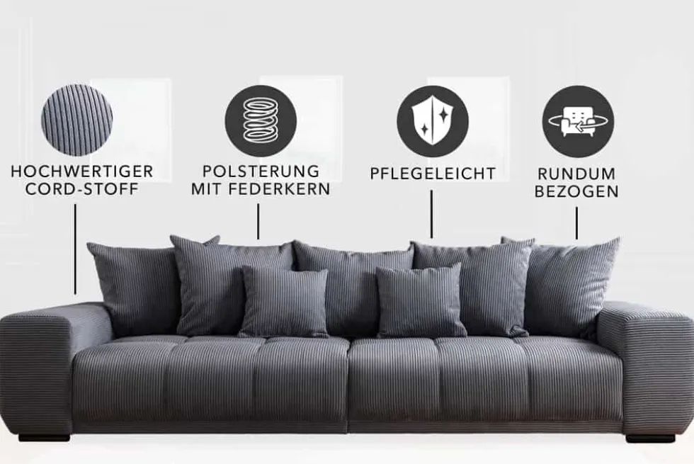 Modernes XXL Sofa ELEGANCIA 285cm anthrazit Cord inklusive Kissen Bigsofa