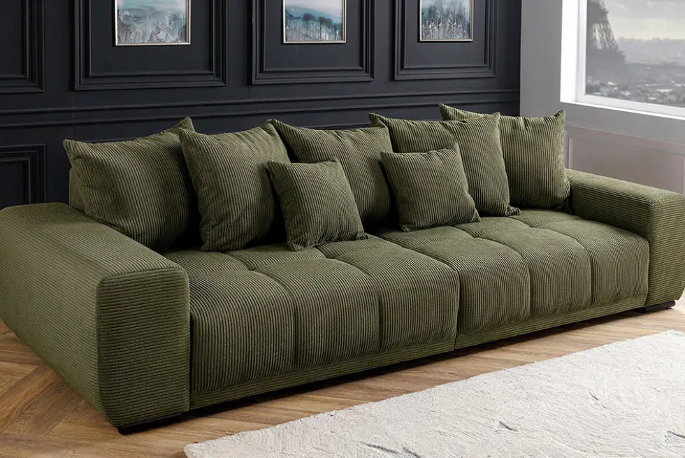 Modernes XXL Sofa ELEGANCIA 285cm grün Cord Federkern inklusive Kissen Bigsofa
