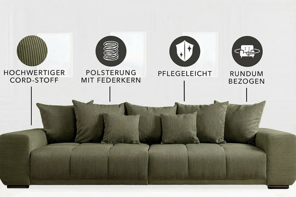 Modernes XXL Sofa ELEGANCIA 285cm grün Cord Federkern inklusive Kissen Bigsofa