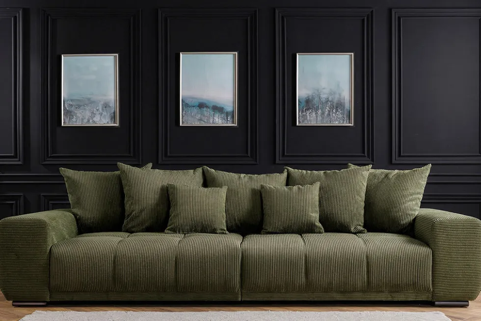 Modernes XXL Sofa ELEGANCIA 285cm grün Cord Federkern inklusive Kissen Bigsofa