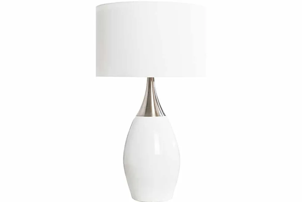 Moderne Tischlampe CARLA 60cm weiß silber mit Leinenschirm